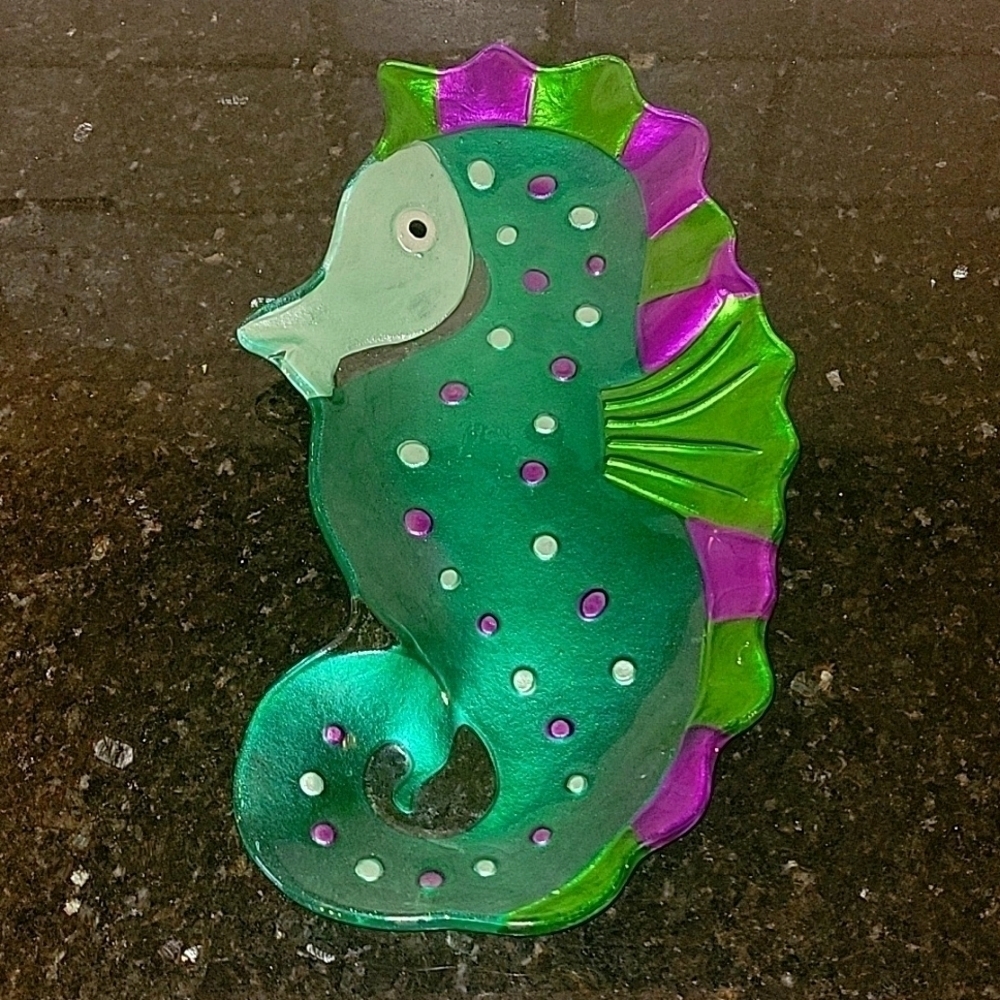 NWT DEMDACO Vintage Seahorse Glass Platter purple teal green